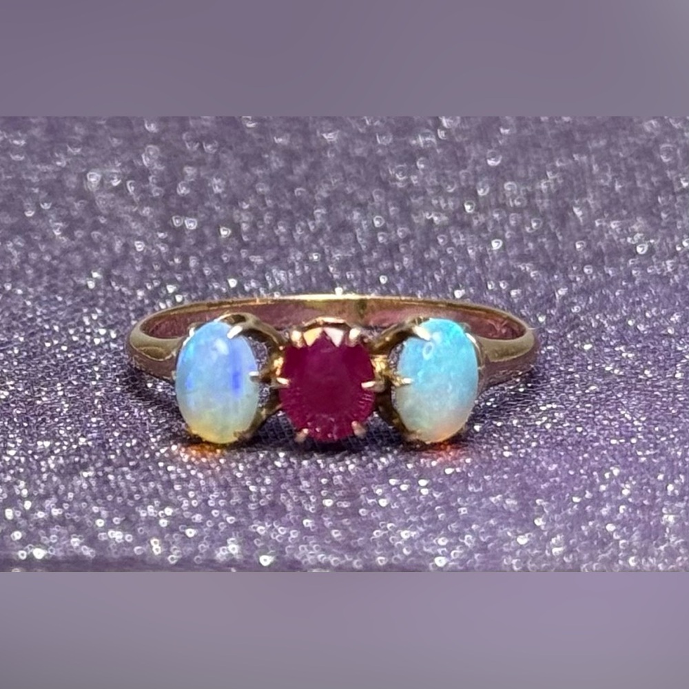 Antique 10k Rose Gold Natural Opal and Ruby Ring
